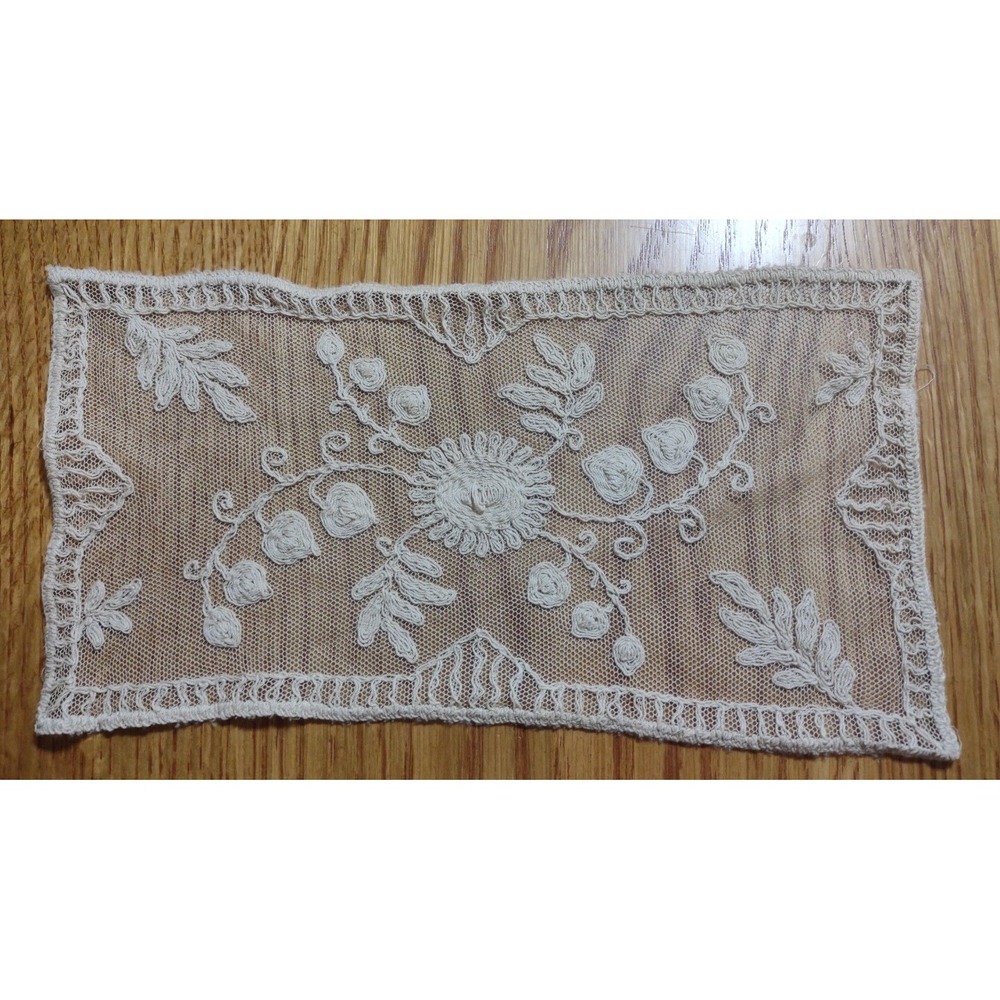 Vtg Net Embroidery Cotton Doilie Beige 5 x 10"